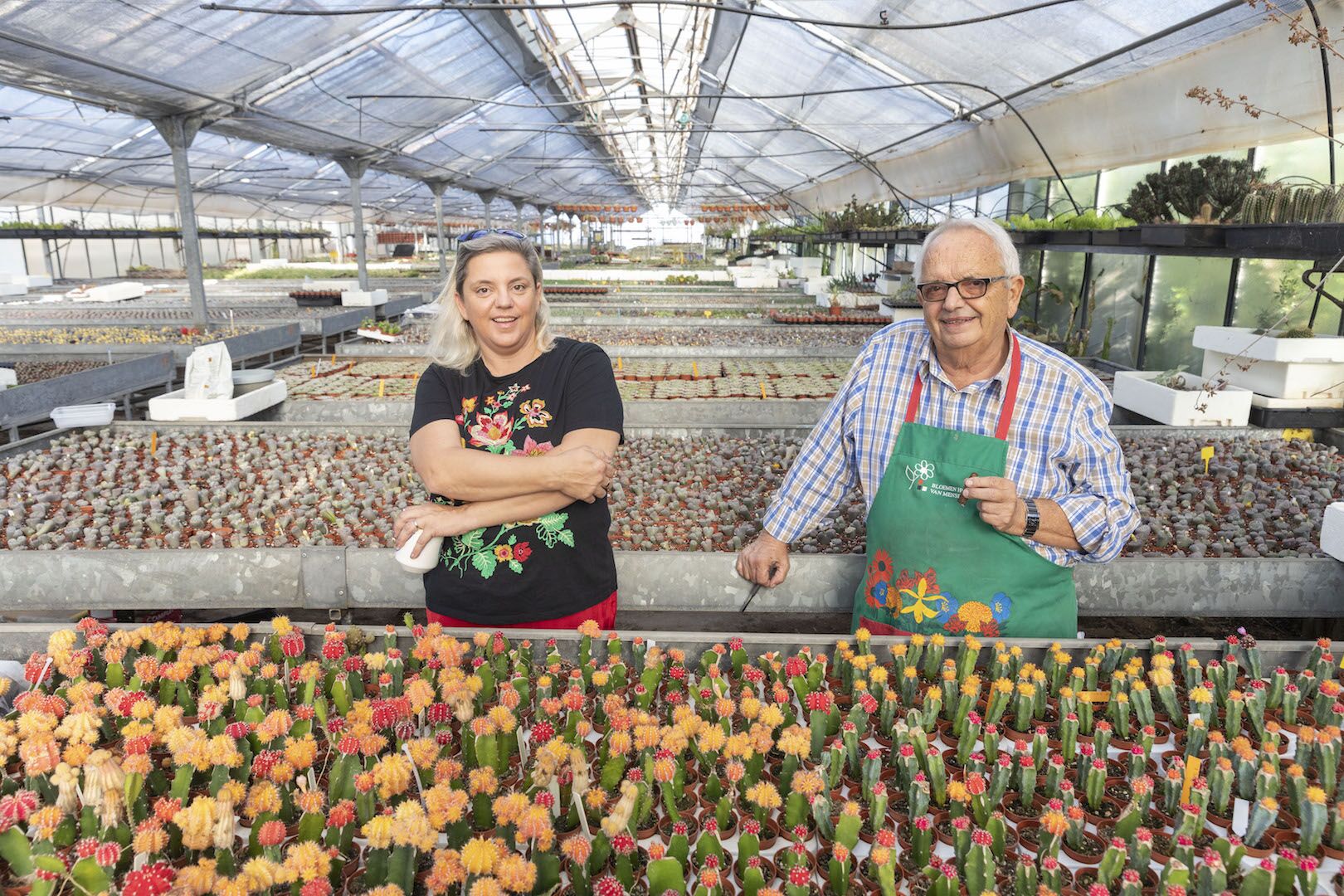 Mallorca, village Ses Salines, nursery Toni Moreno, specialized in cacti. Portrait of Toni Moreno next to his daughter Antonia Portell. Mallorca, village Ses Salines, nursery Toni Moreno, specialized in cacti. Portrait of Toni Moreno next to his daughter Antonia Portell.